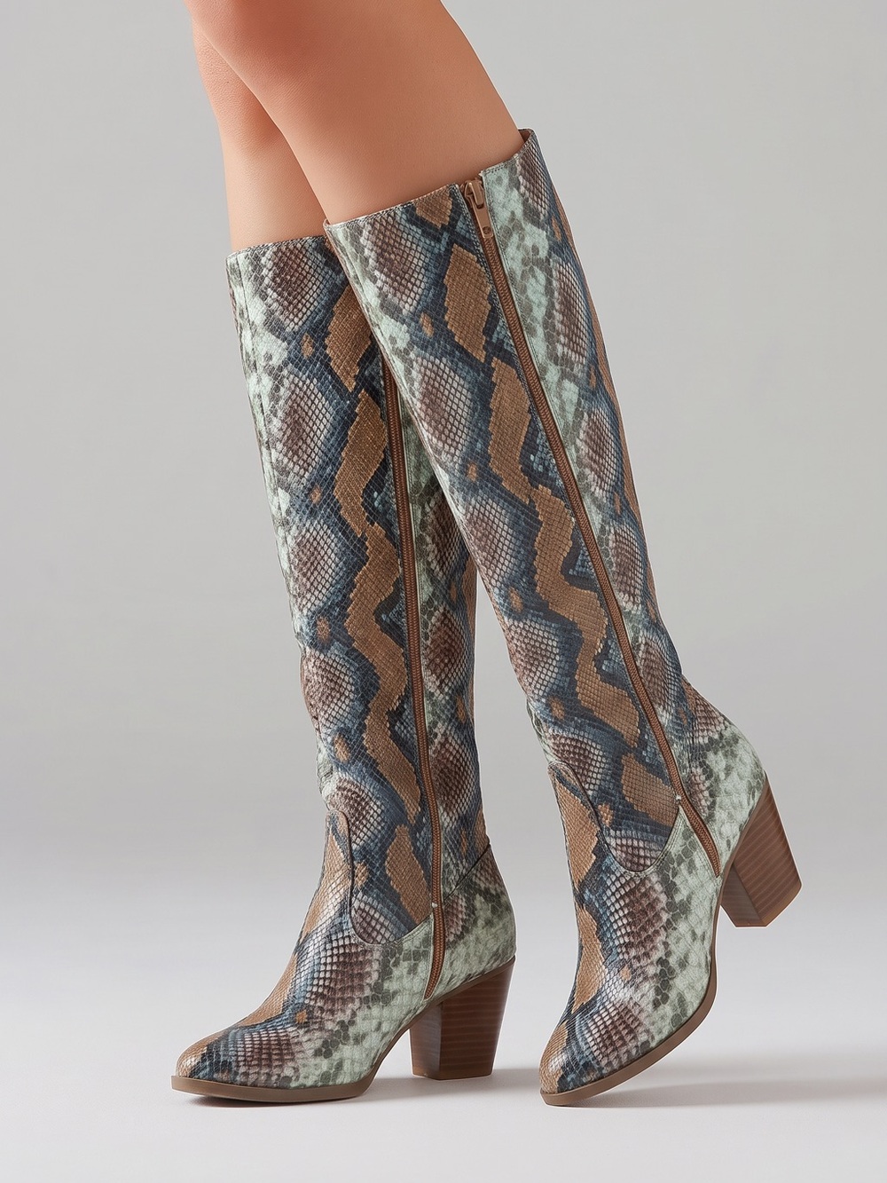Women’s Knee-High Snakeskin Block Heel Boots - Brown/Gray